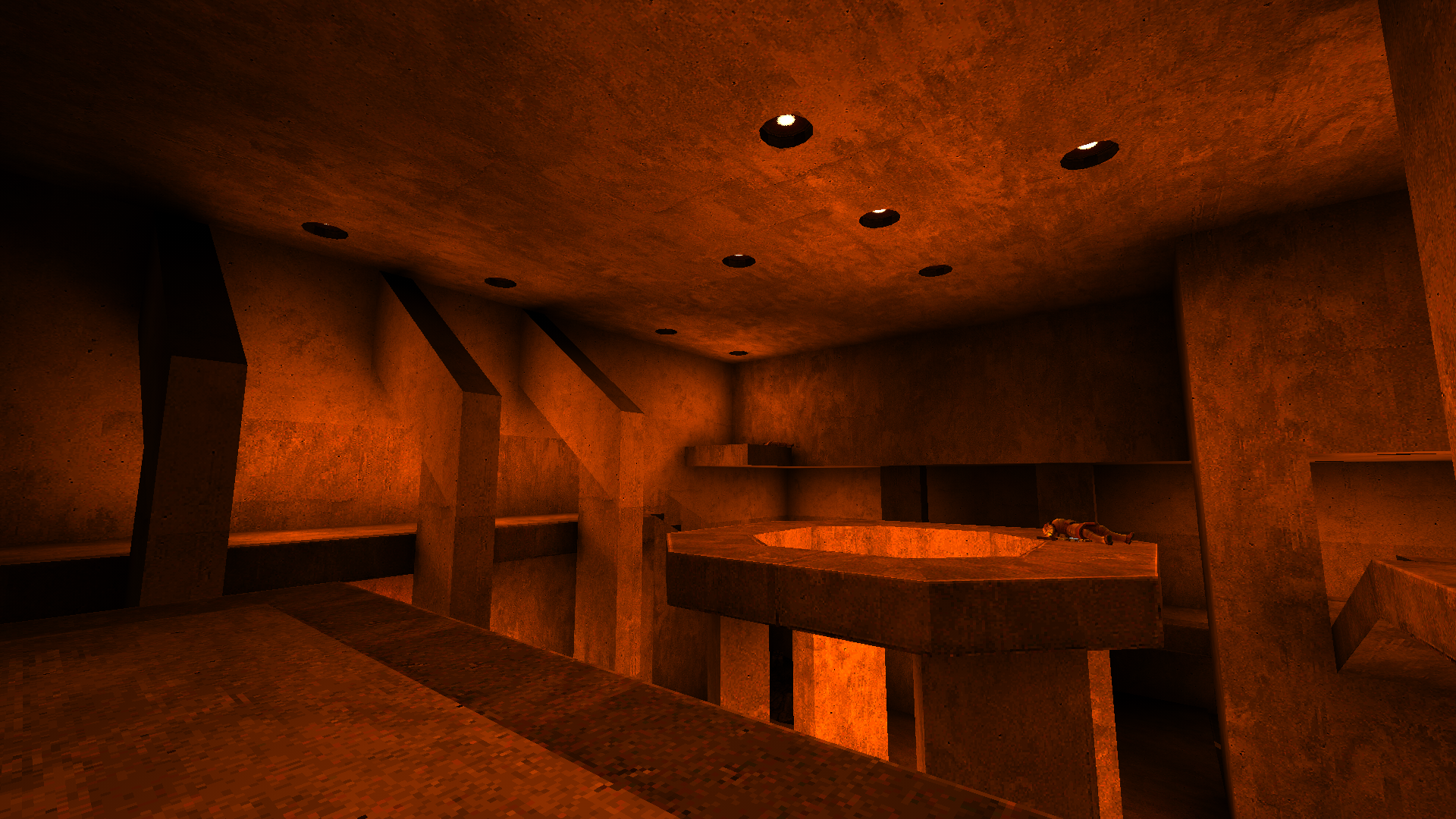 Concrete room bathed in orange light
